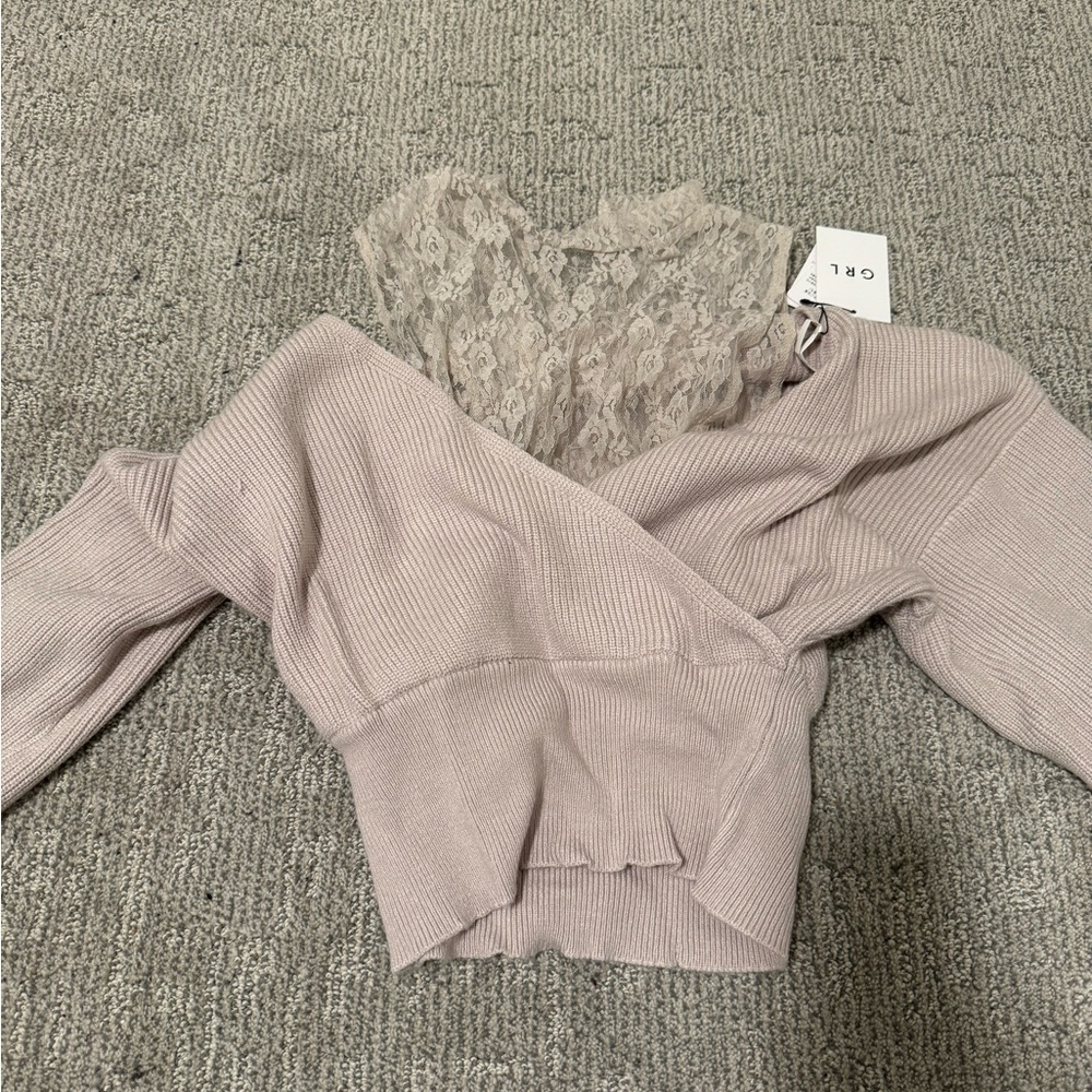 GRL Lavender Ribbed Wrap Off-Shoulder Top with Lace Detail (Brand new with tag)